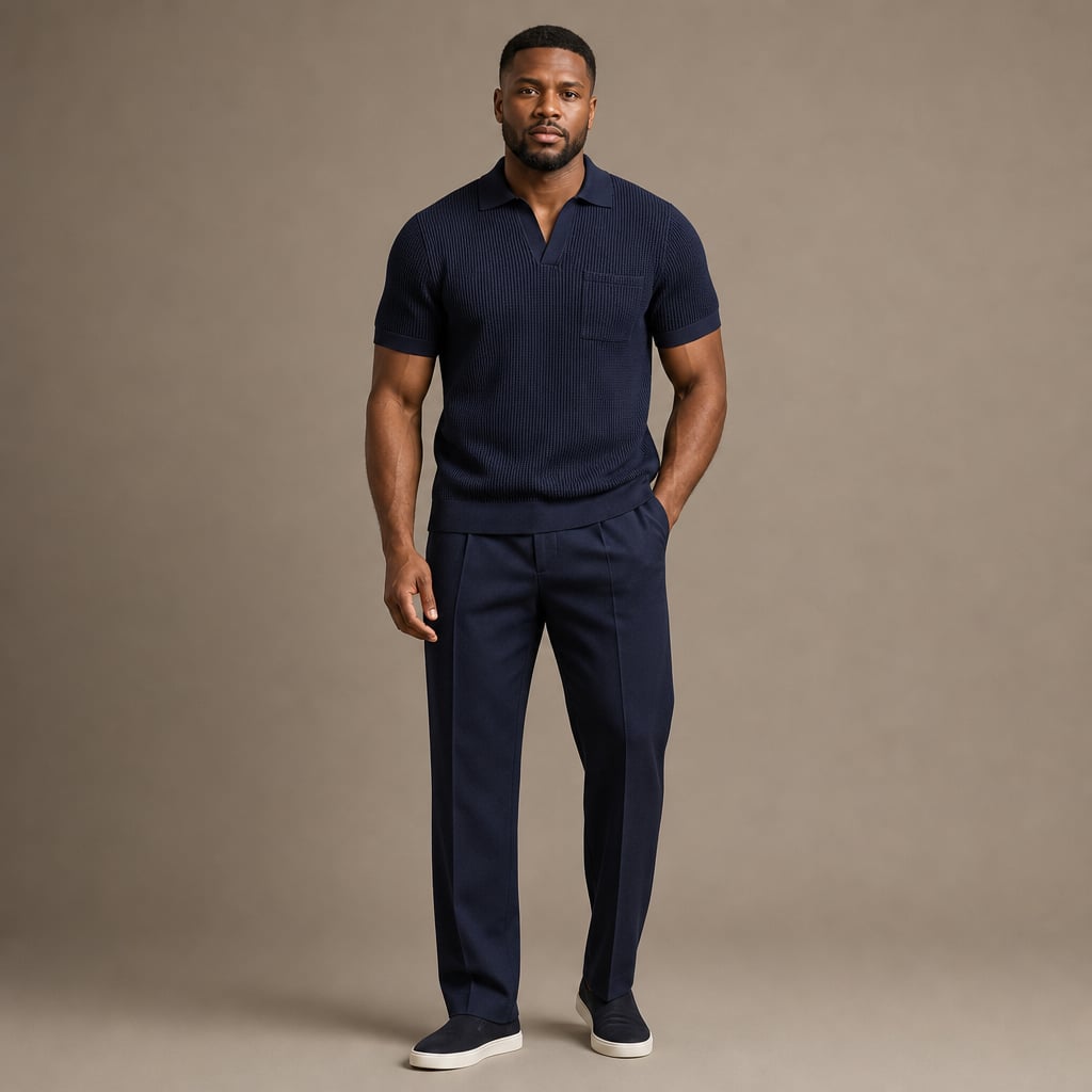 Celvorn | Matching Set Waffle Polo Slim Tapered Trousers Navy – Product Photo