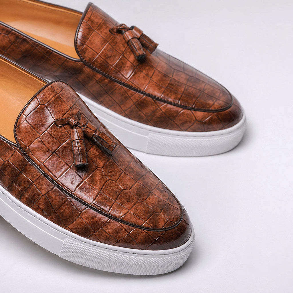 Cendex | Tassel Loafer Slip On Cognac Brown – Fabric and Detail Close-Up