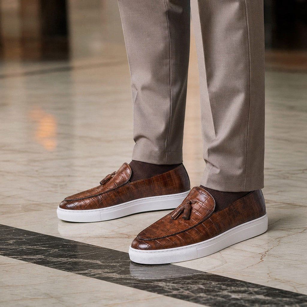 Cendex | Tassel Loafer Slip On Cognac Brown – Styled Editorial Shot