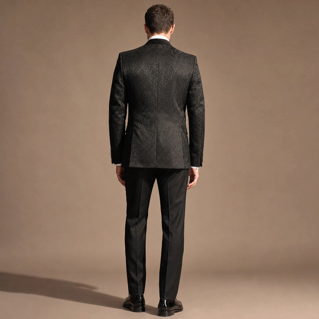 Cenkon | Damask Jacquard Tuxedo Suit Black Black – Side Angle View