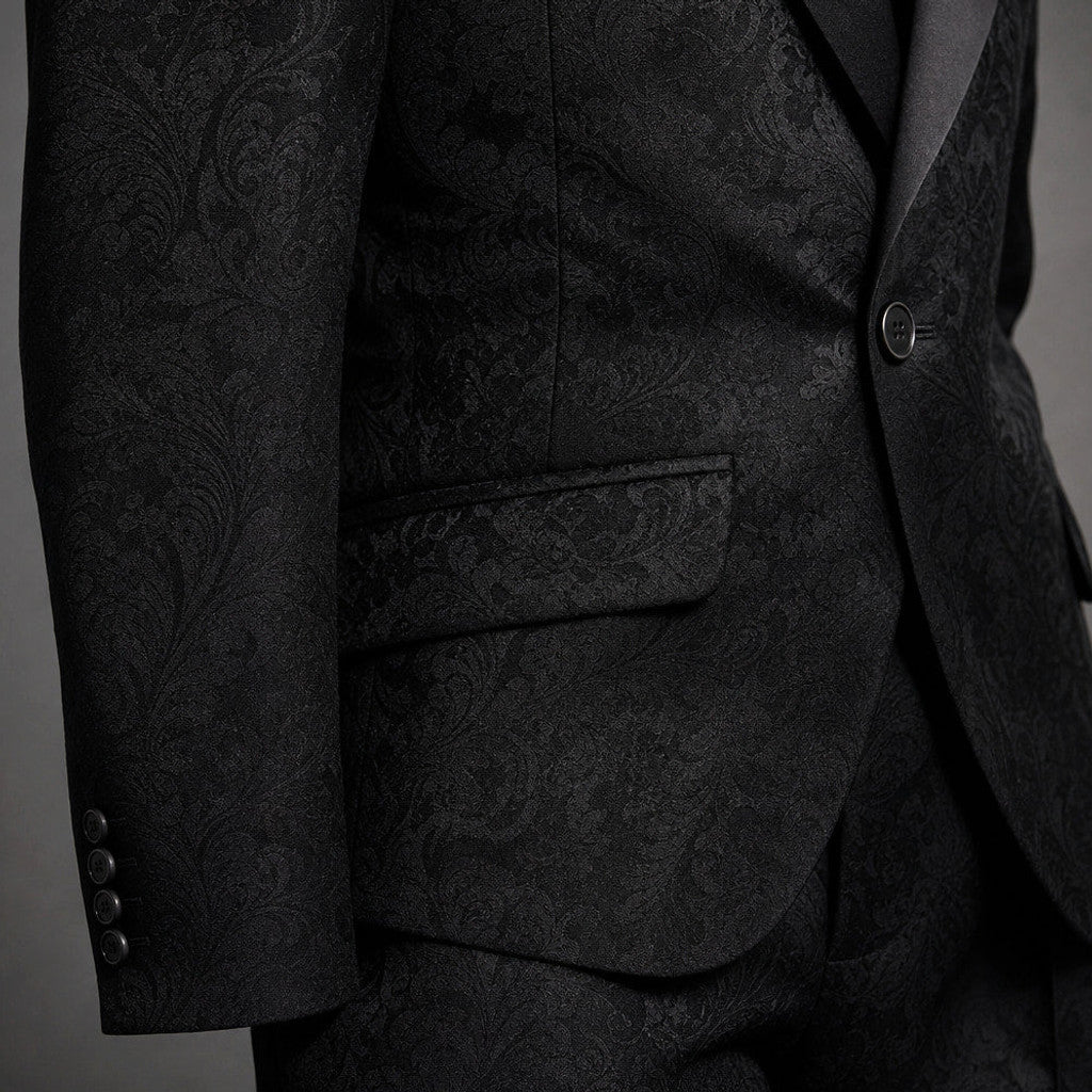 Cenkon | Damask Jacquard Tuxedo Suit Black Black – Fabric and Detail Close-Up