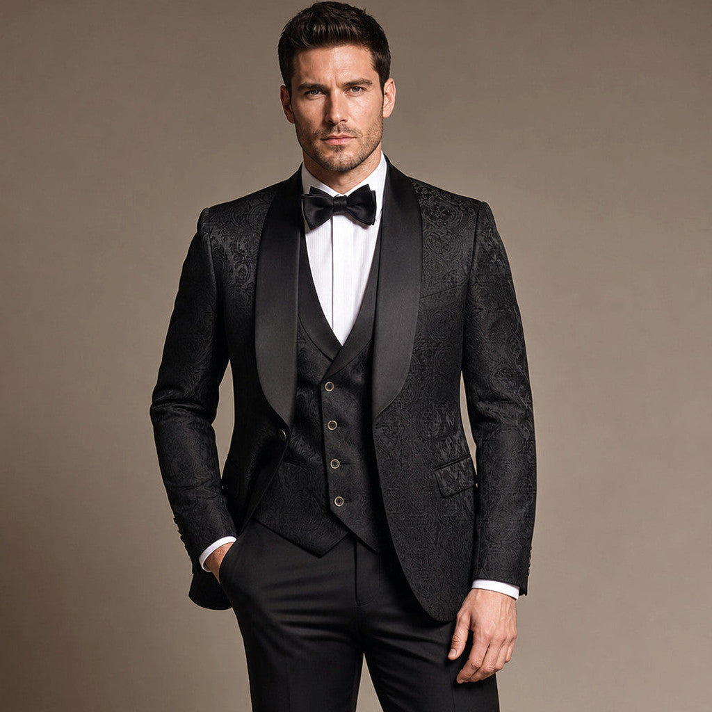 Cenkon | Damask Jacquard Tuxedo Suit Black Black – Full Look