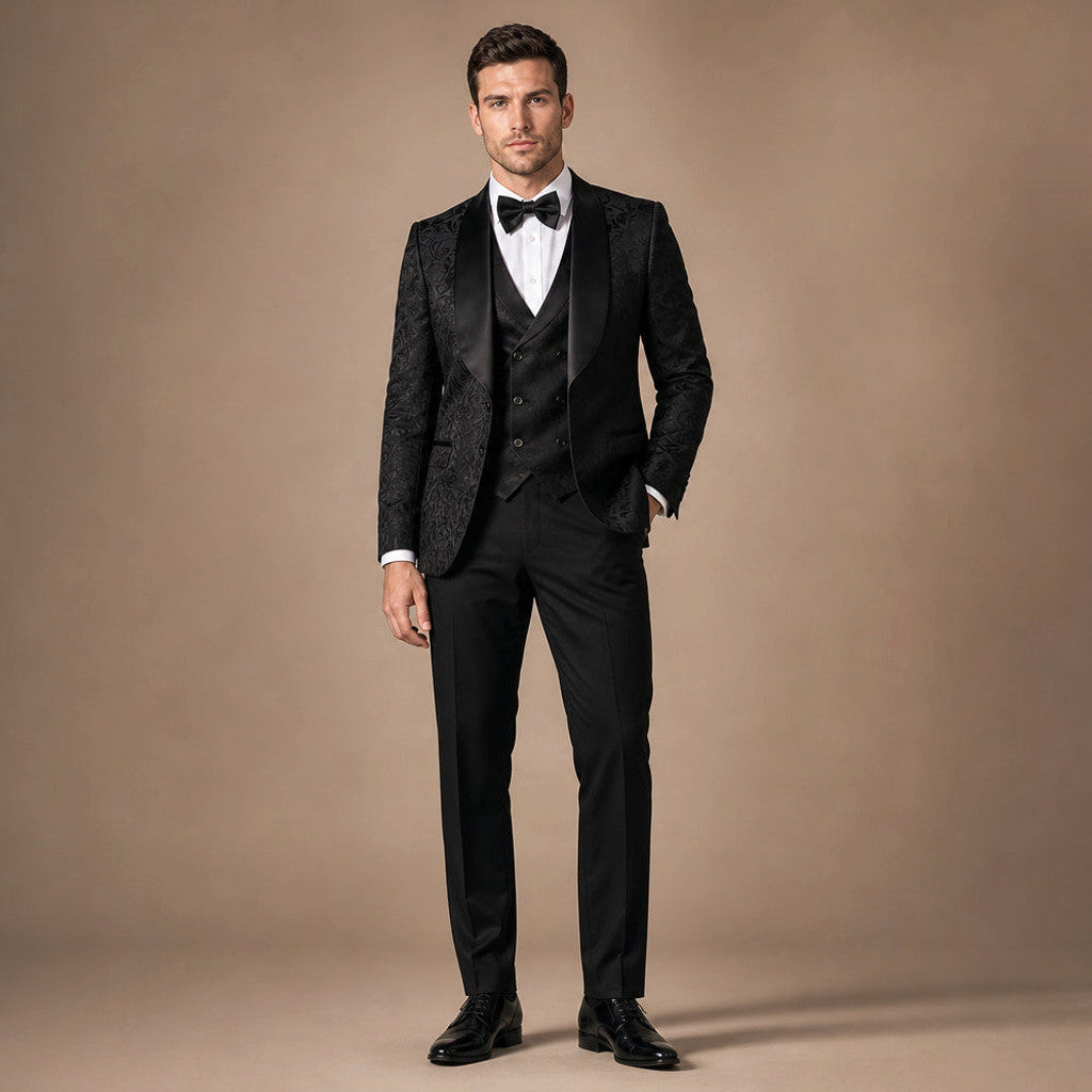 Cenkon | Damask Jacquard Tuxedo Suit Black in Black – Premium Editorial