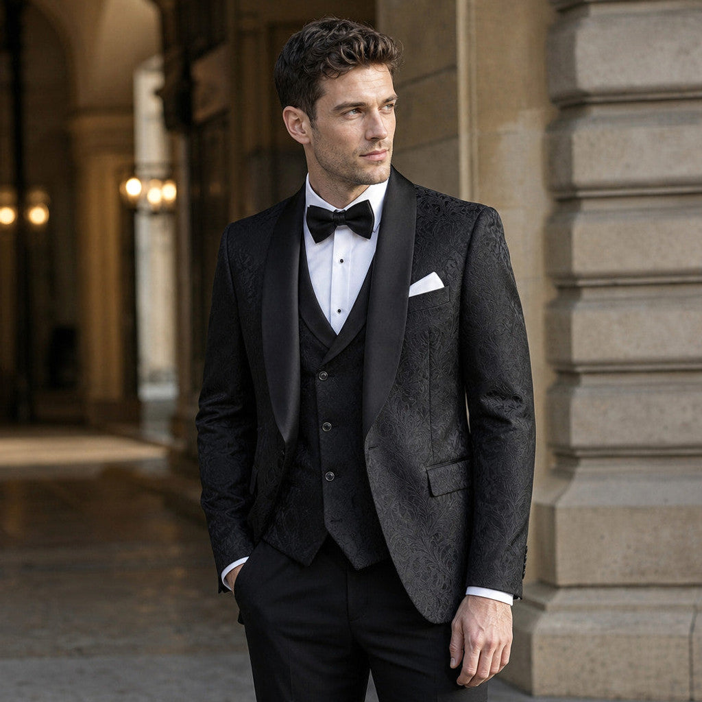 Cenkon | Damask Jacquard Tuxedo Suit Black Black – Styled Editorial Shot