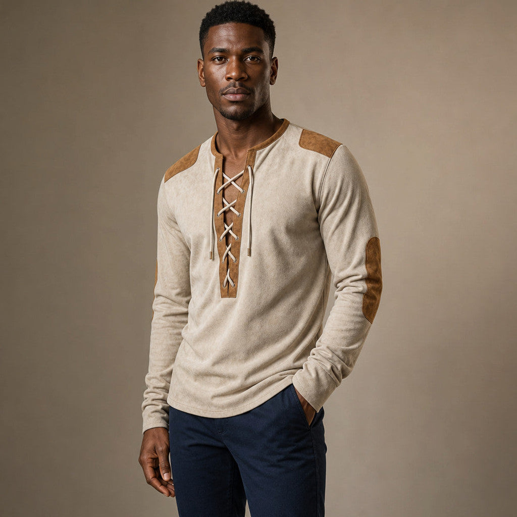 Centon | Long Sleeve Henley Lace-Up Placket Cream Beige – Side Angle View