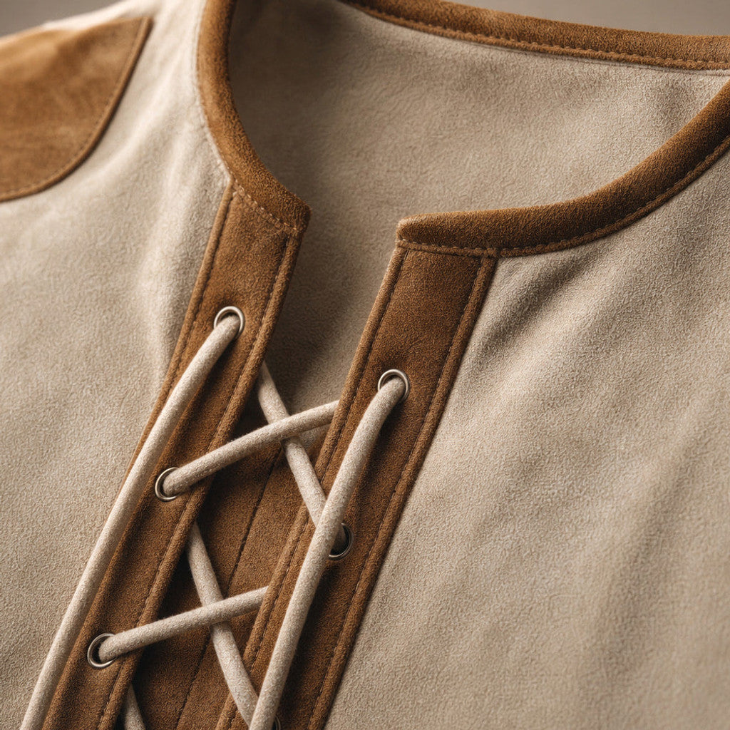 Centon | Long Sleeve Henley Lace-Up Placket Cream Beige – Fabric and Detail Close-Up