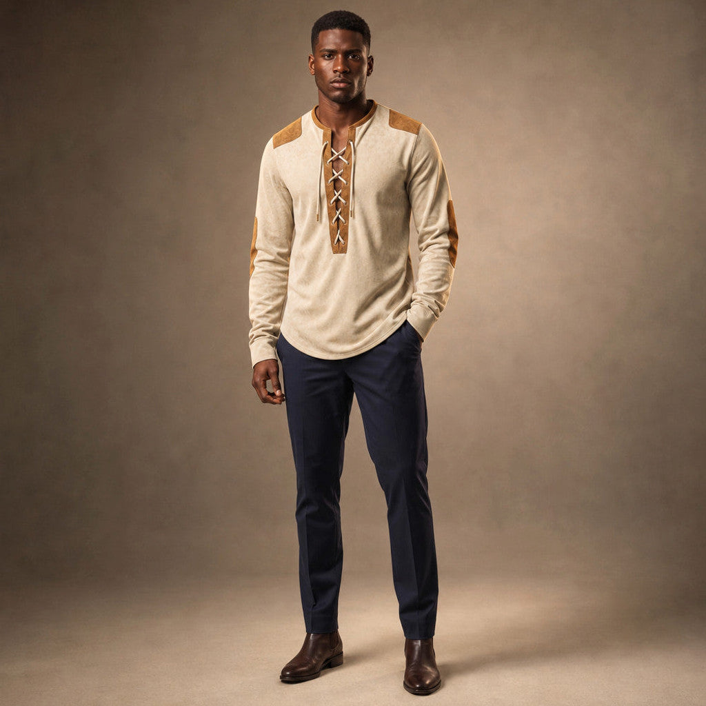 Centon | Long Sleeve Henley Lace-Up Placket Cream Beige – Full Look