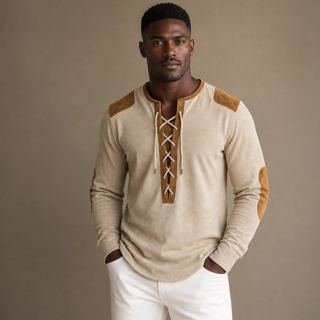 Centon | Long Sleeve Henley Lace-Up Placket Cream Beige – Product Photo