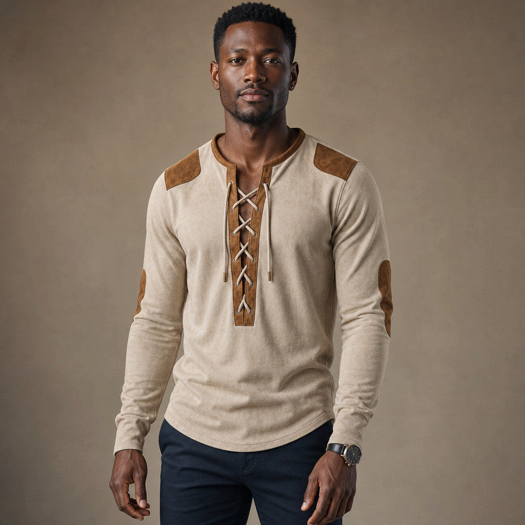 Centon | Long Sleeve Henley Lace-Up Placket in Cream Beige – Premium Editorial