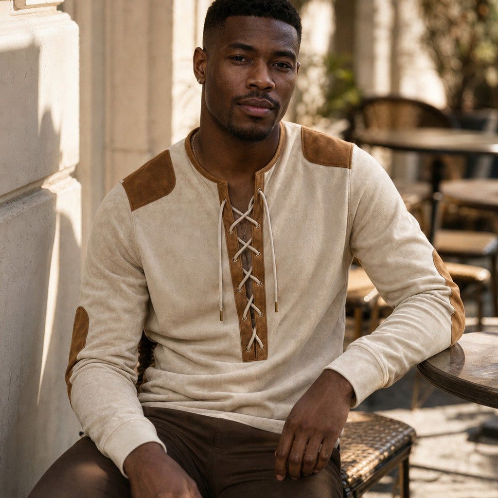 Centon | Long Sleeve Henley Lace-Up Placket Cream Beige – Styled Editorial Shot