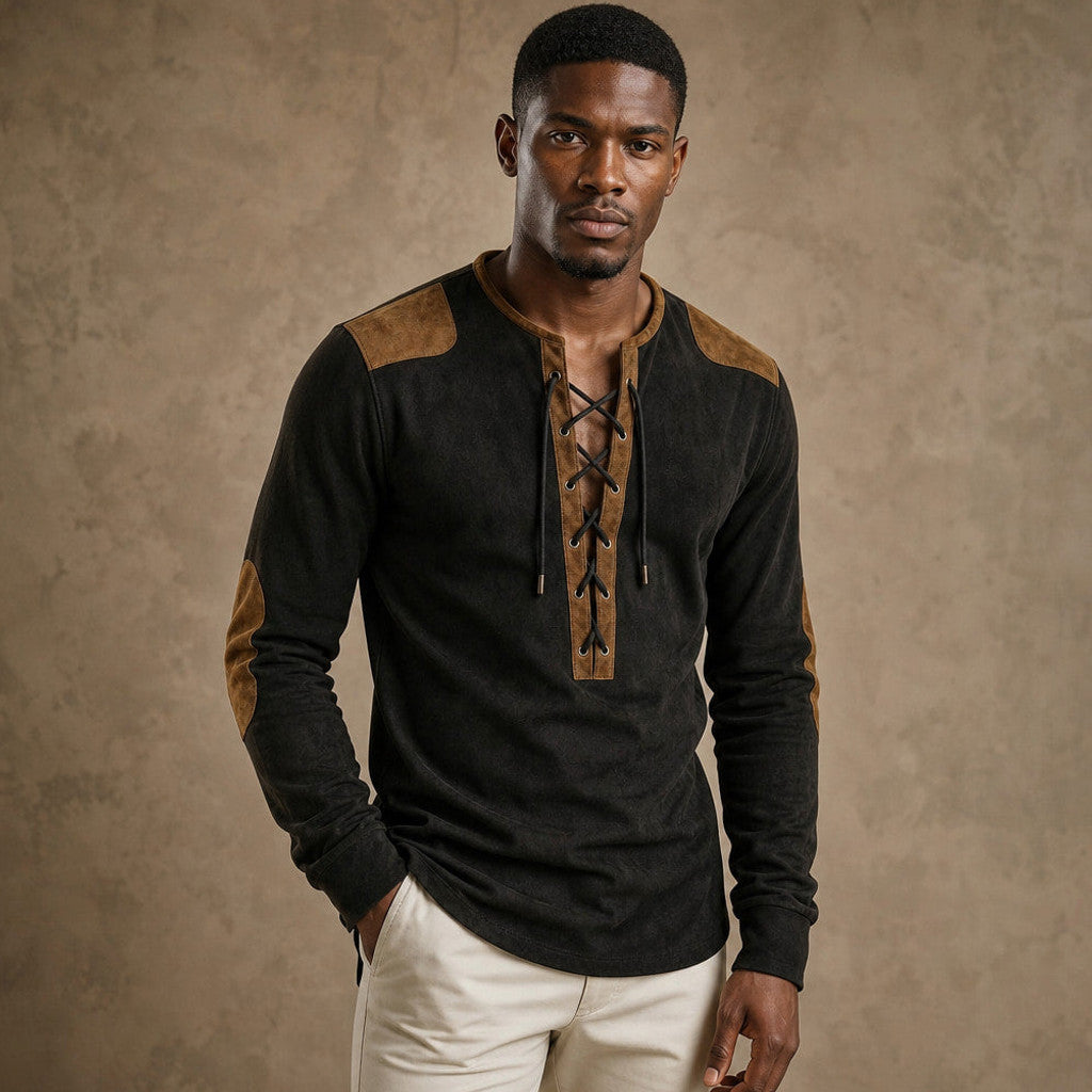 Centon | Long Sleeve Henley Lace-Up Placket Obsidian Black – Product Photo