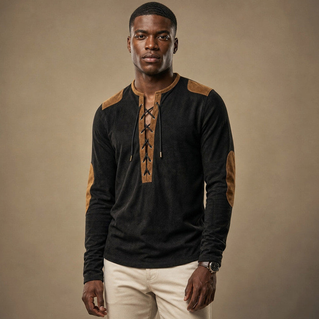 Centon | Long Sleeve Henley Lace-Up Placket in Obsidian Black – Premium Editorial