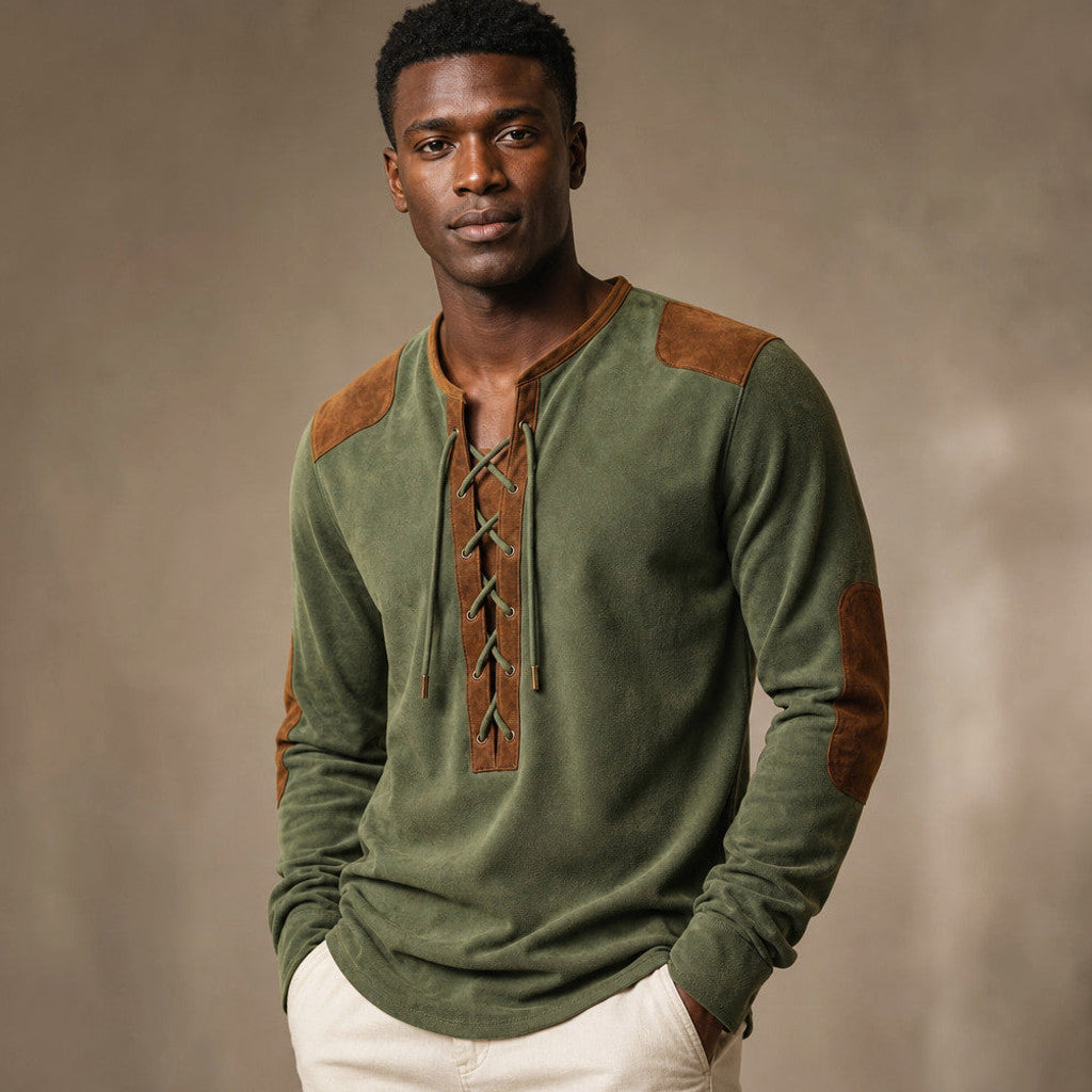 Centon | Long Sleeve Henley Lace-Up Placket Pine Green – Product Photo