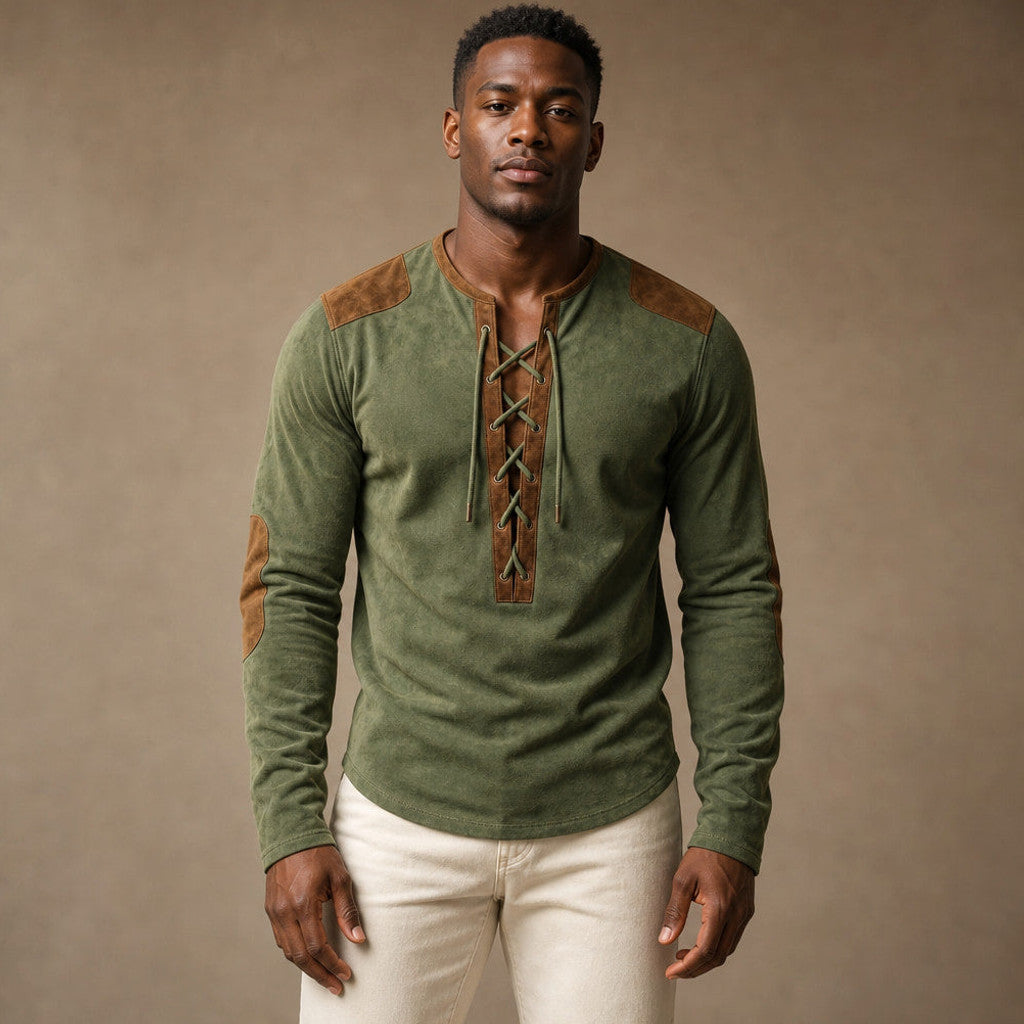 Centon | Long Sleeve Henley Lace-Up Placket in Pine Green – Premium Editorial