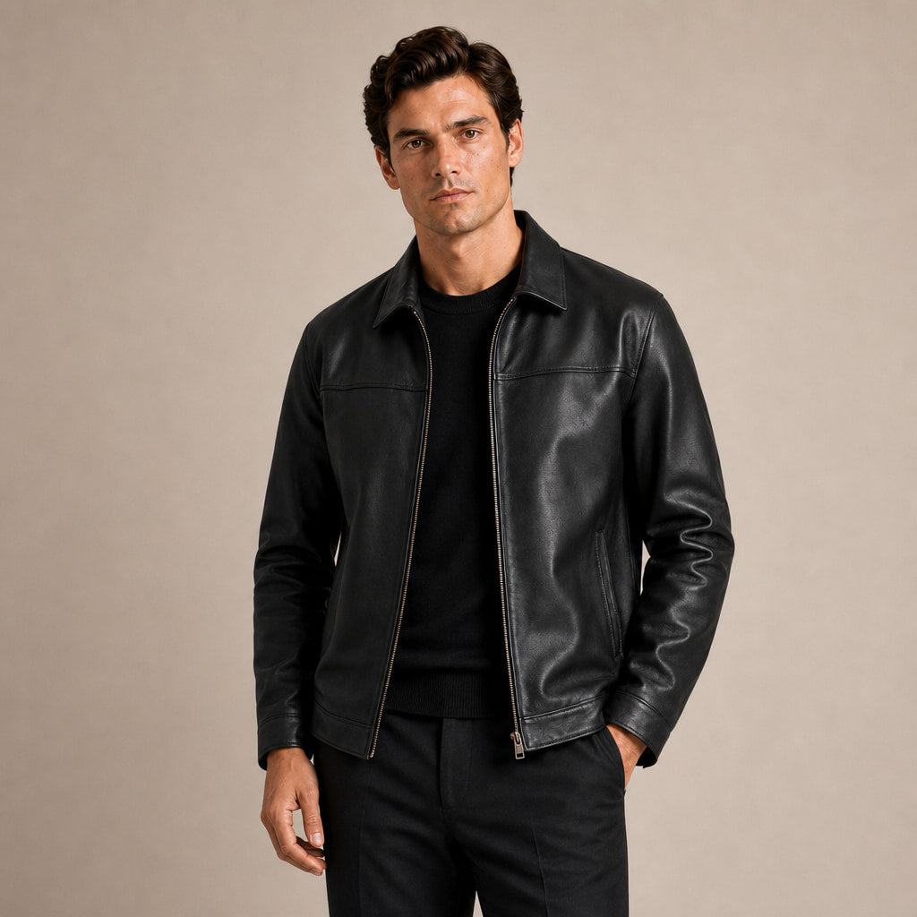 Flight Jacket Zip-Up Leather Loose Fit in Black – Tomosino Premium Menswear