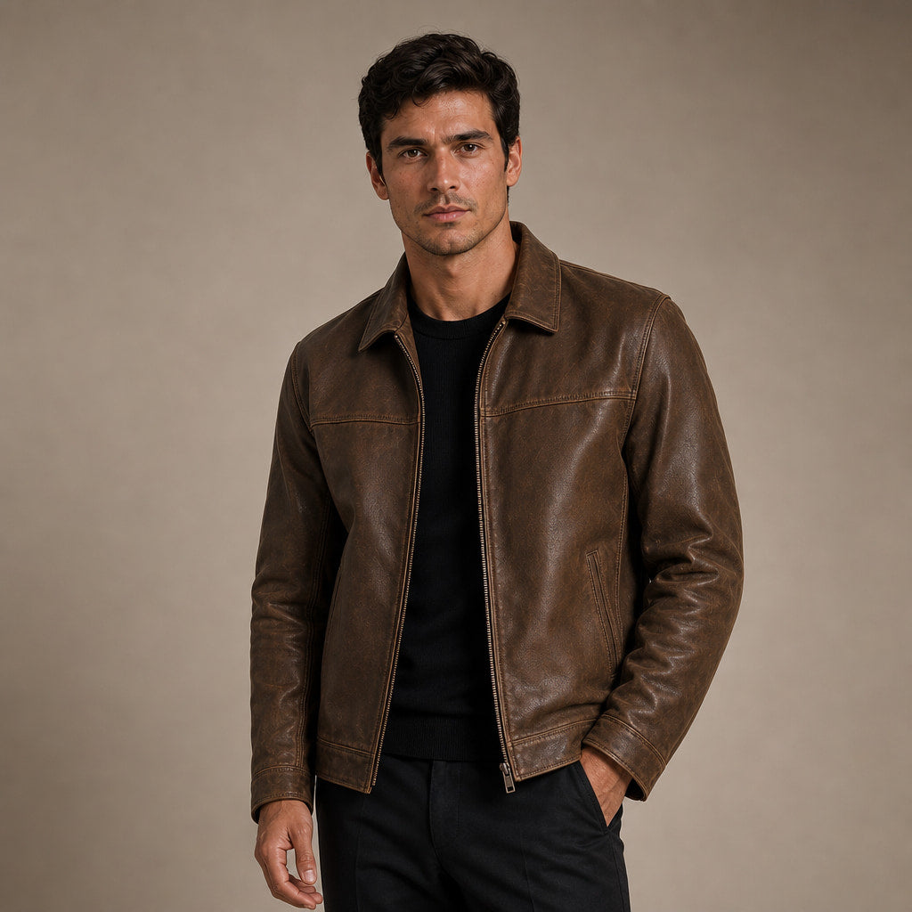 Flight Jacket Zip-Up Leather Loose Fit in Brown – Tomosino Premium Menswear