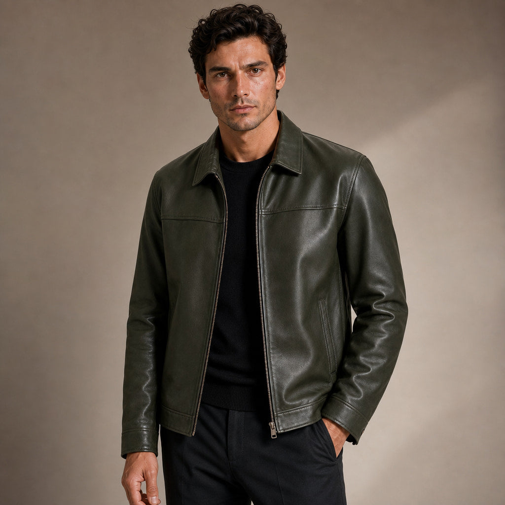 Flight Jacket Zip-Up Leather Loose Fit in Green – Tomosino Premium Menswear