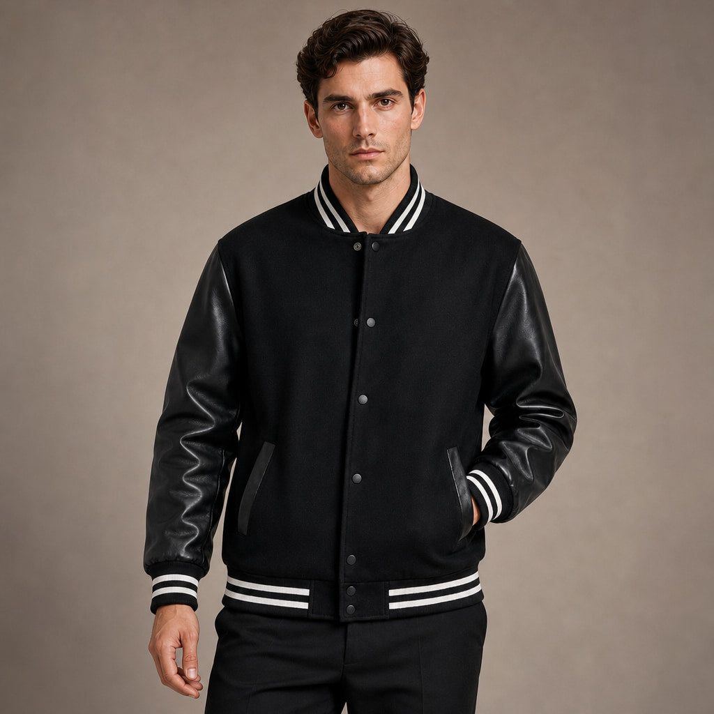 Bomber Jackets Varsity Wool Blend PU Leather Sleeves in Black – Tomosino Premium Menswear
