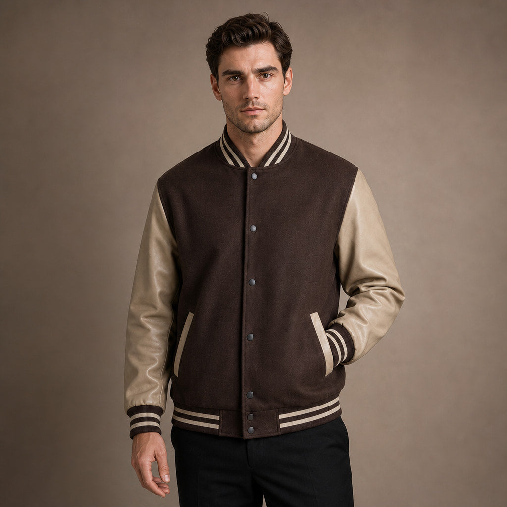 Bomber Jackets Varsity Wool Blend PU Leather Sleeves in Brown – Tomosino Premium Menswear