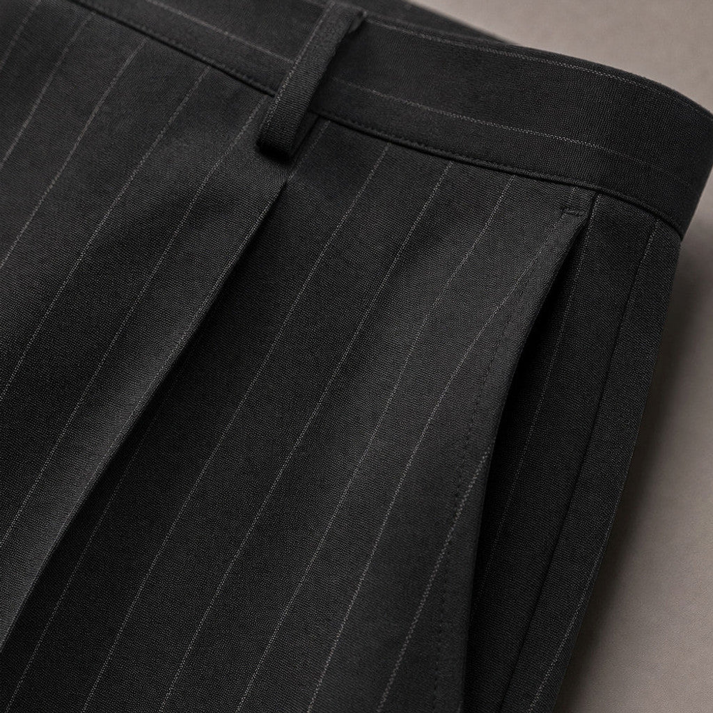 Certon | Striped Trousers Straight Leg Black – Fabric and Detail Close-Up