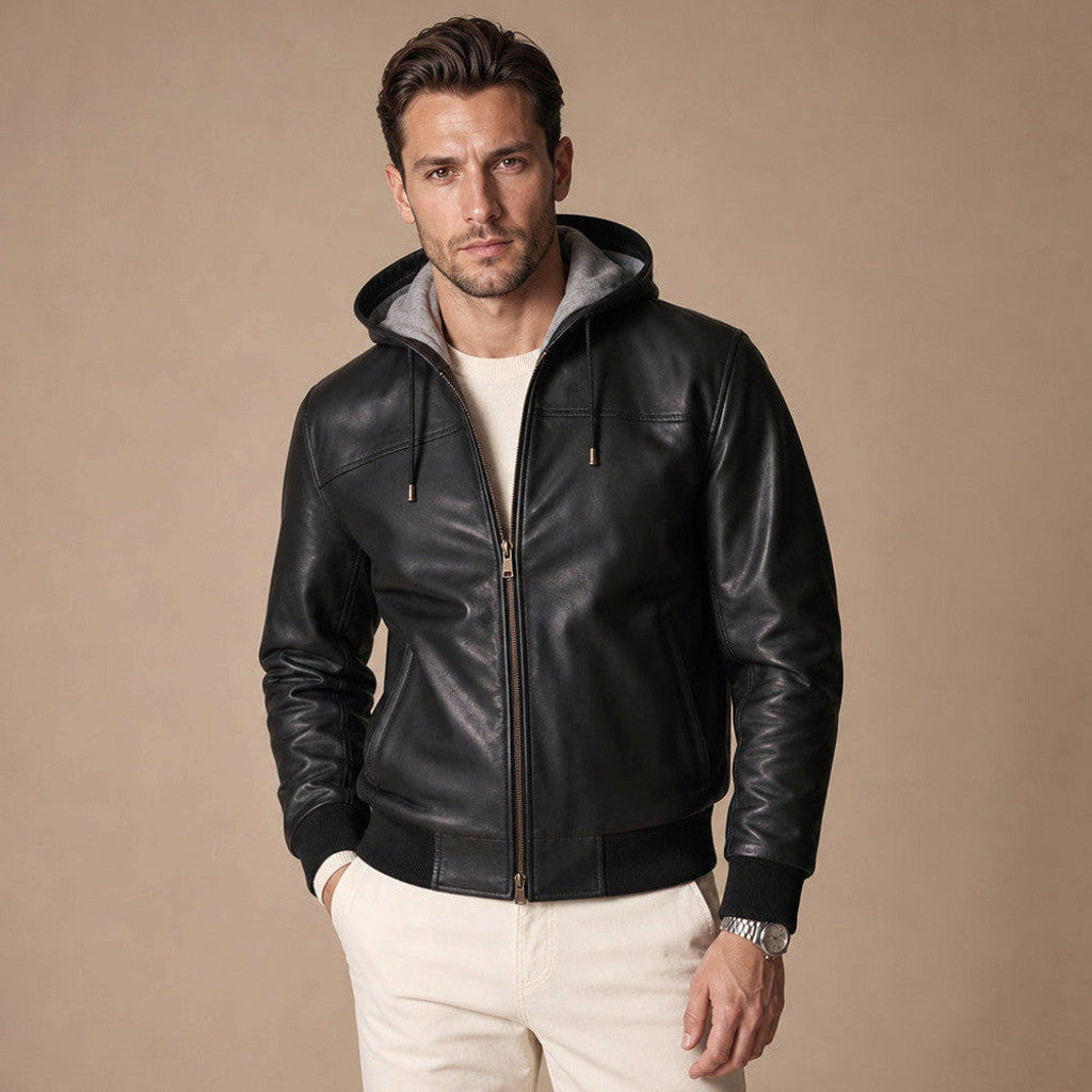 Black sheepskin leather hooded bomber jacket with rib-knit cuffs and hem
