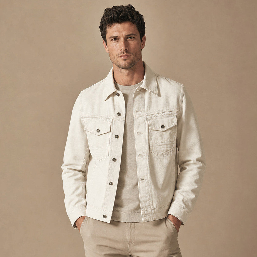 Chandler | Trucker Jacket Washed Cotton Canvas Cream – Product Photo