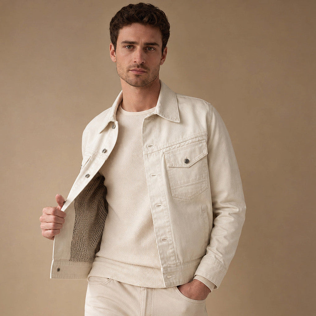 Chandler | Trucker Jacket Washed Cotton Canvas in Cream – Premium Editorial