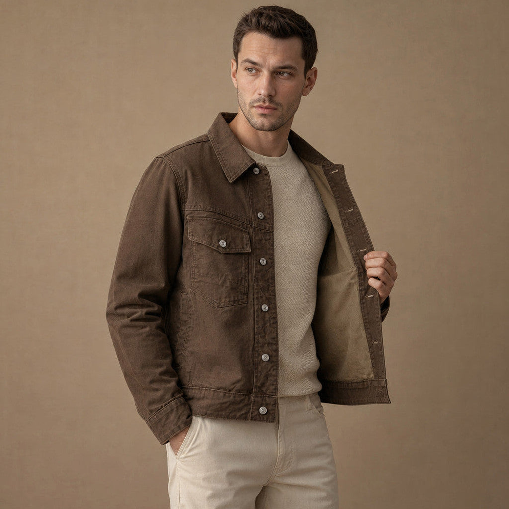 Chandler | Trucker Jacket Washed Cotton Canvas Dark Brown – Side Angle View