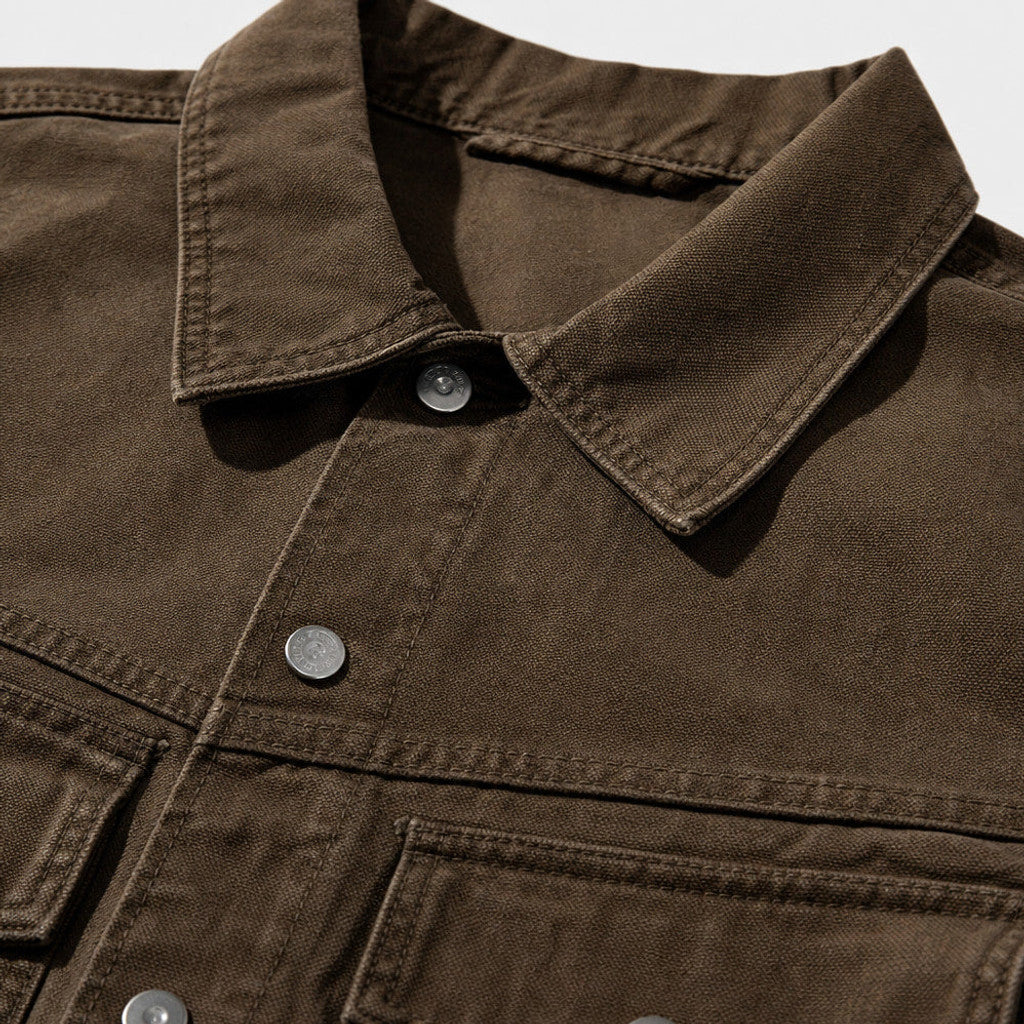 Chandler | Trucker Jacket Washed Cotton Canvas Dark Brown – Fabric and Detail Close-Up