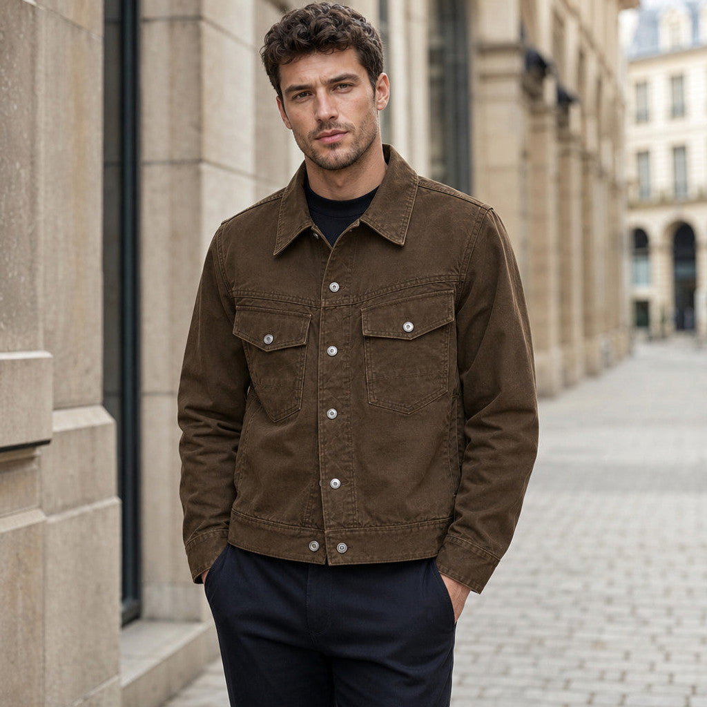 Chandler | Trucker Jacket Washed Cotton Canvas Dark Brown – Styled Editorial Shot