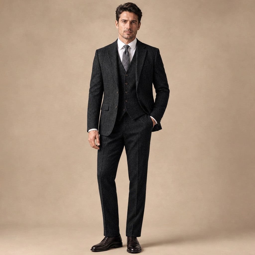 Chardon | Three Piece Suit Herringbone Slim Fit in Black – Premium Editorial