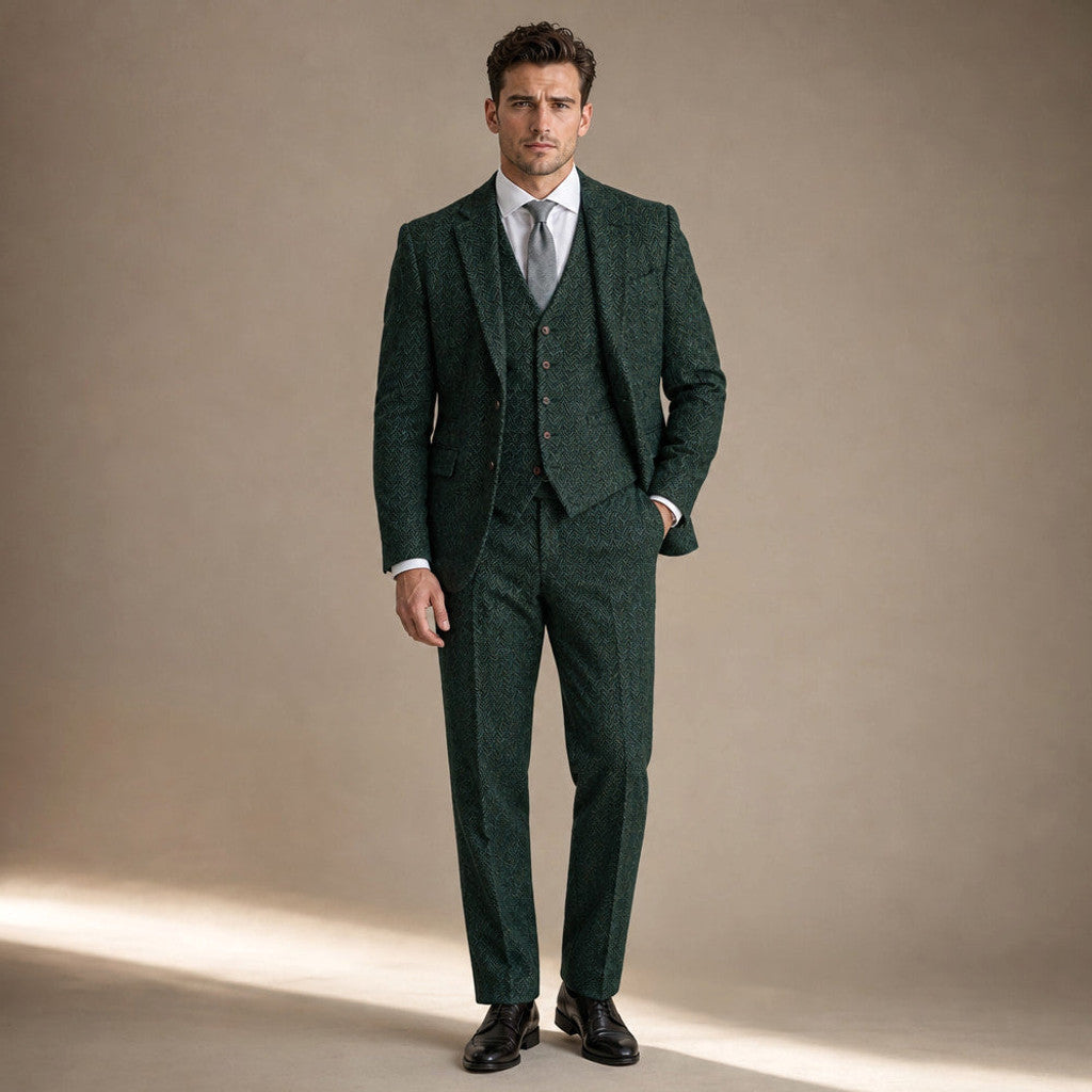 Chardon | Three Piece Suit Herringbone Slim Fit in Dark Green – Premium Editorial