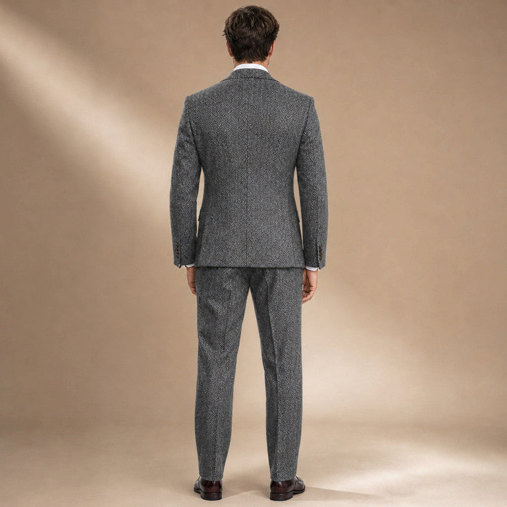 Chardon | Three Piece Suit Herringbone Slim Fit Dark Grey – Side Angle View