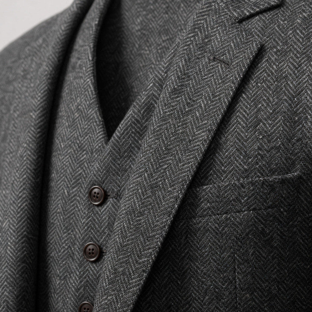 Chardon | Three Piece Suit Herringbone Slim Fit Dark Grey – Fabric and Detail Close-Up