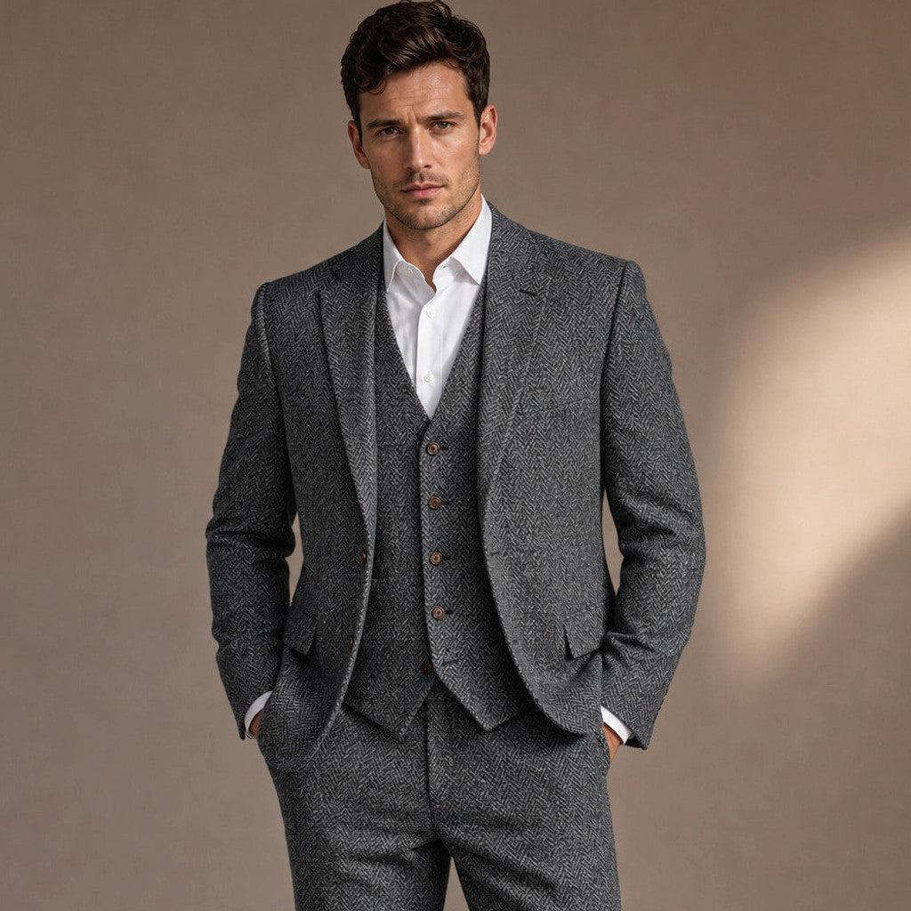 Chardon | Three Piece Suit Herringbone Slim Fit Dark Grey – Full Look