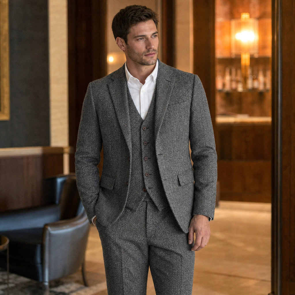 Chardon | Three Piece Suit Herringbone Slim Fit Dark Grey – Styled Editorial Shot