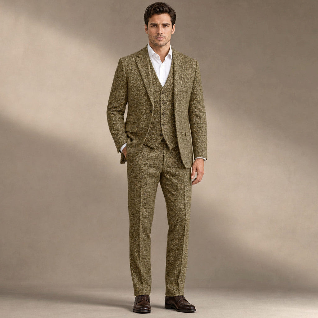 Chardon | Three Piece Suit Herringbone Slim Fit in Khaki – Premium Editorial