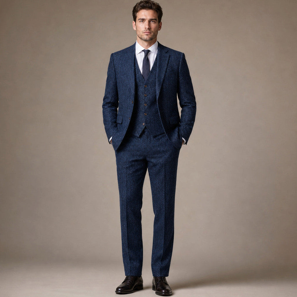Chardon | Three Piece Suit Herringbone Slim Fit in Navy – Premium Editorial
