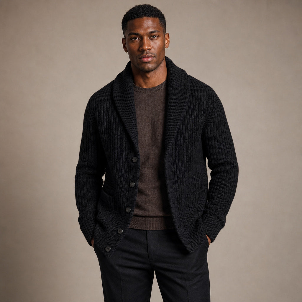 Cardigan Slim Fit Lapel Button-Up Knit in Black – Tomosino Premium Menswear