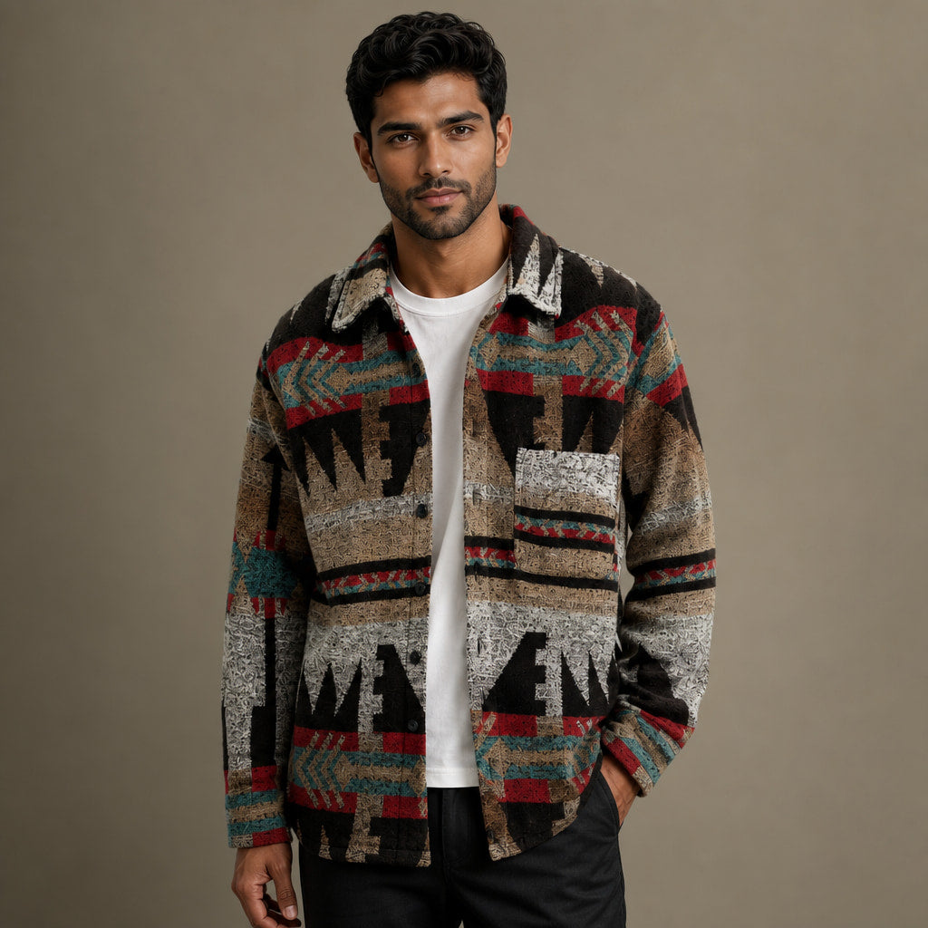 Wool Jacket Heavyweight Flannel Shacket Ethnic Print in Brown – Tomosino Premium Menswear