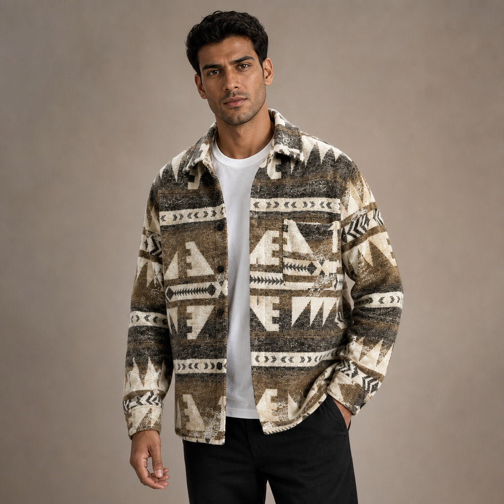 Wool Jacket Heavyweight Flannel Shacket Ethnic Print in Khaki – Tomosino Premium Menswear