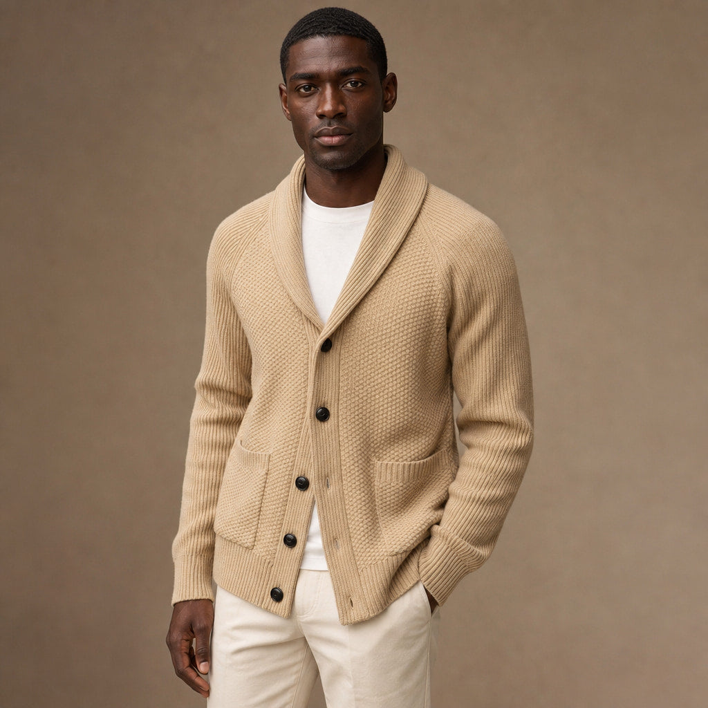 Shawl Collar Cardigan Knit Khaki – Product Photo
