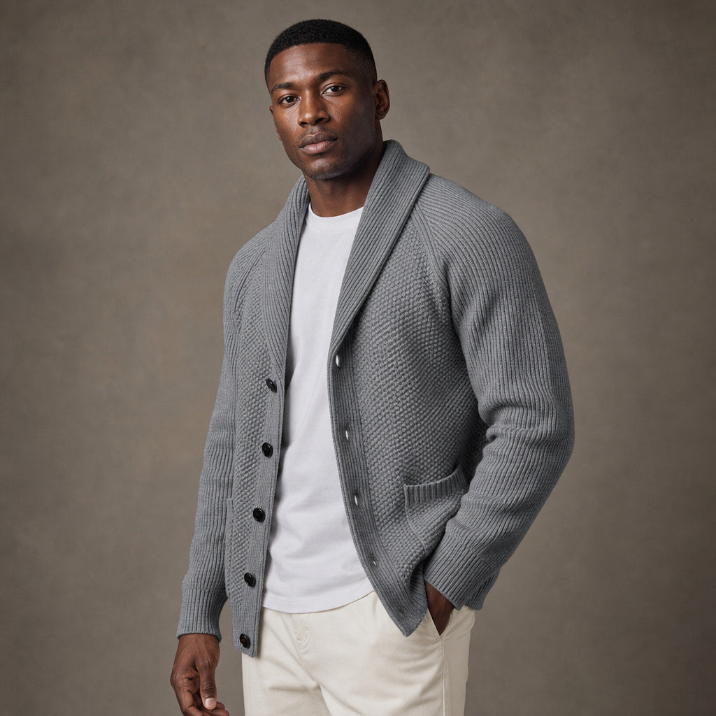 Shawl Collar Cardigan Knit Light Gray – Side Angle View