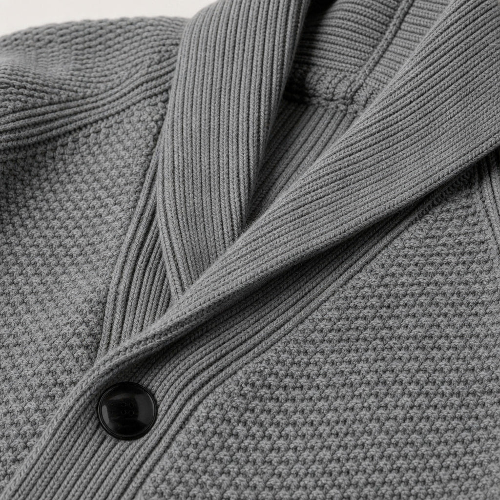 Shawl Collar Cardigan Knit Light Gray – Fabric and Detail Close-Up
