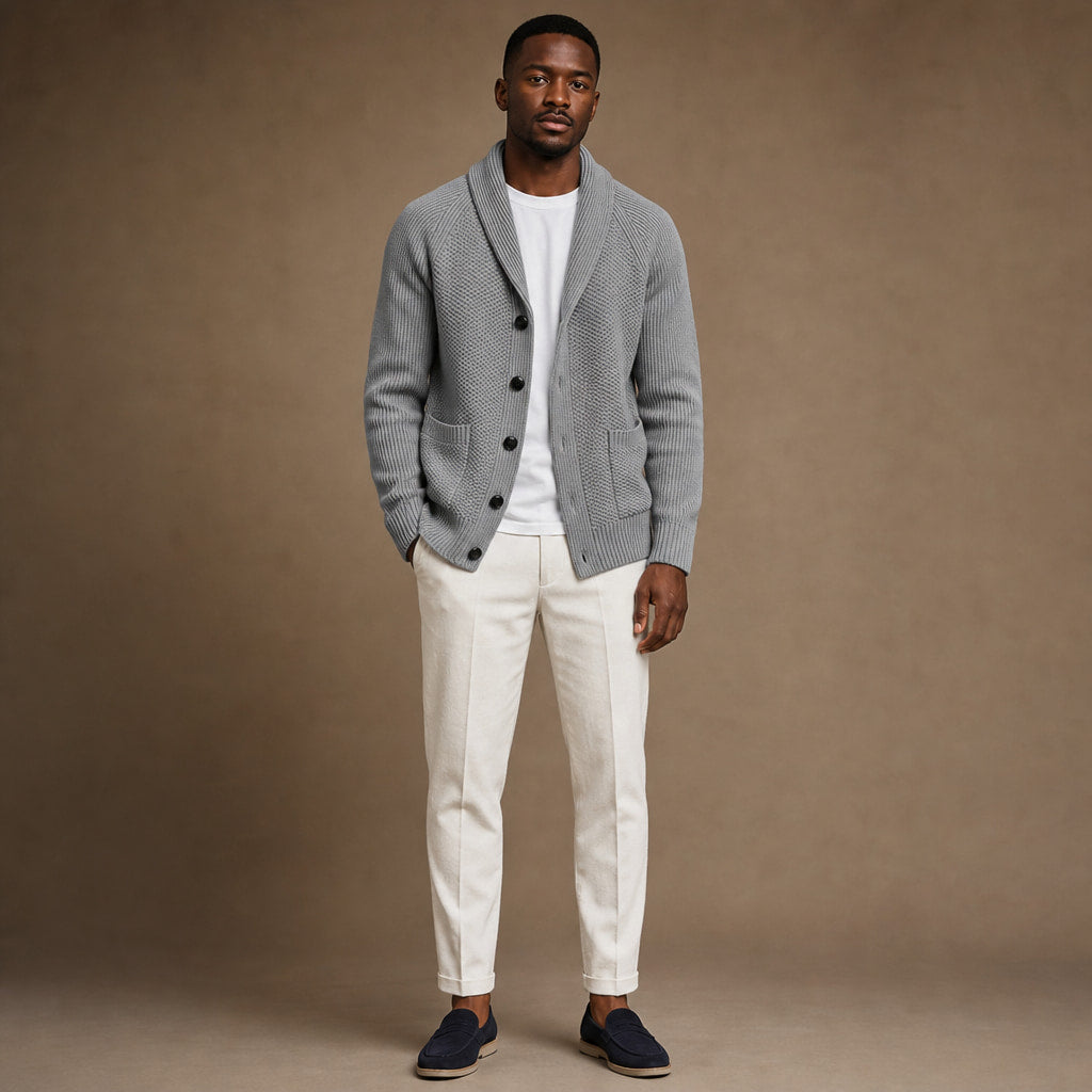 Shawl Collar Cardigan Knit Light Gray – Full Look