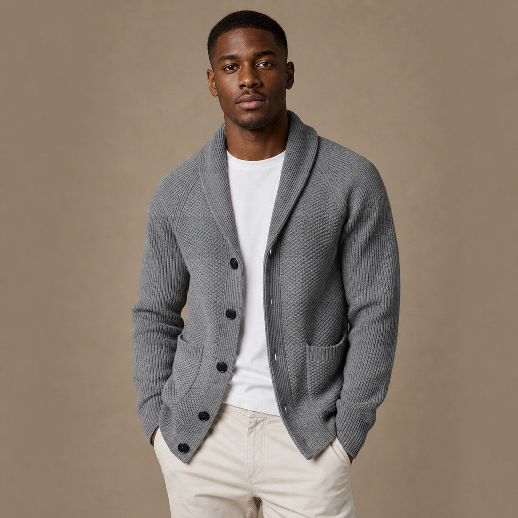 Shawl Collar Cardigan Knit Light Gray – Product Photo