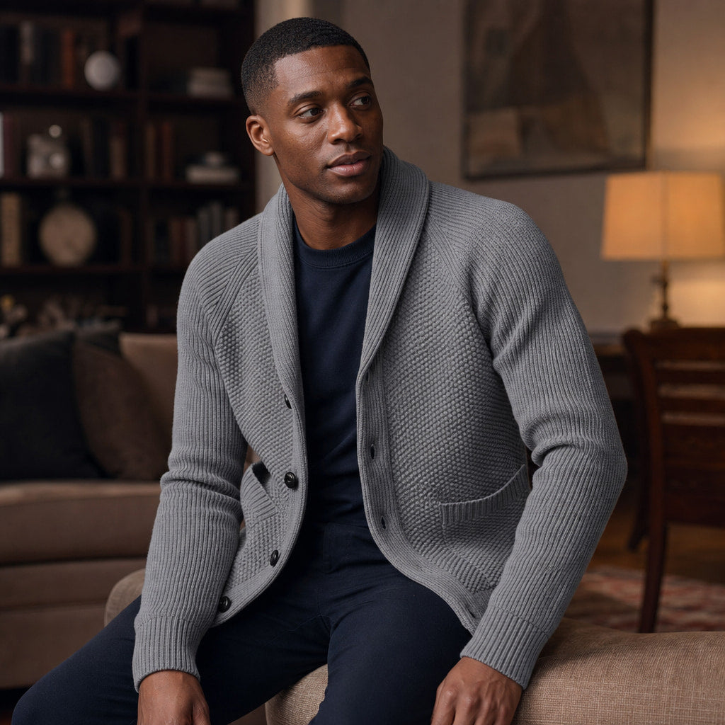Shawl Collar Cardigan Knit Light Gray – Styled Editorial Shot