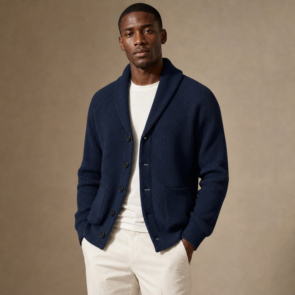 Shawl Collar Cardigan Knit Navy Blue – Product Photo