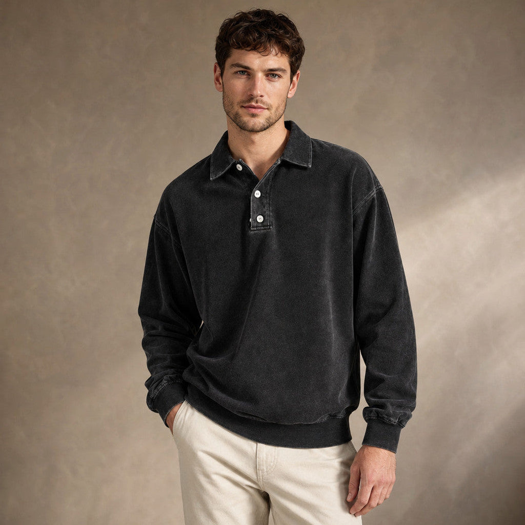 Charner | Polo Shirt Drop Shoulder Relaxed Fit Black – Side Angle View