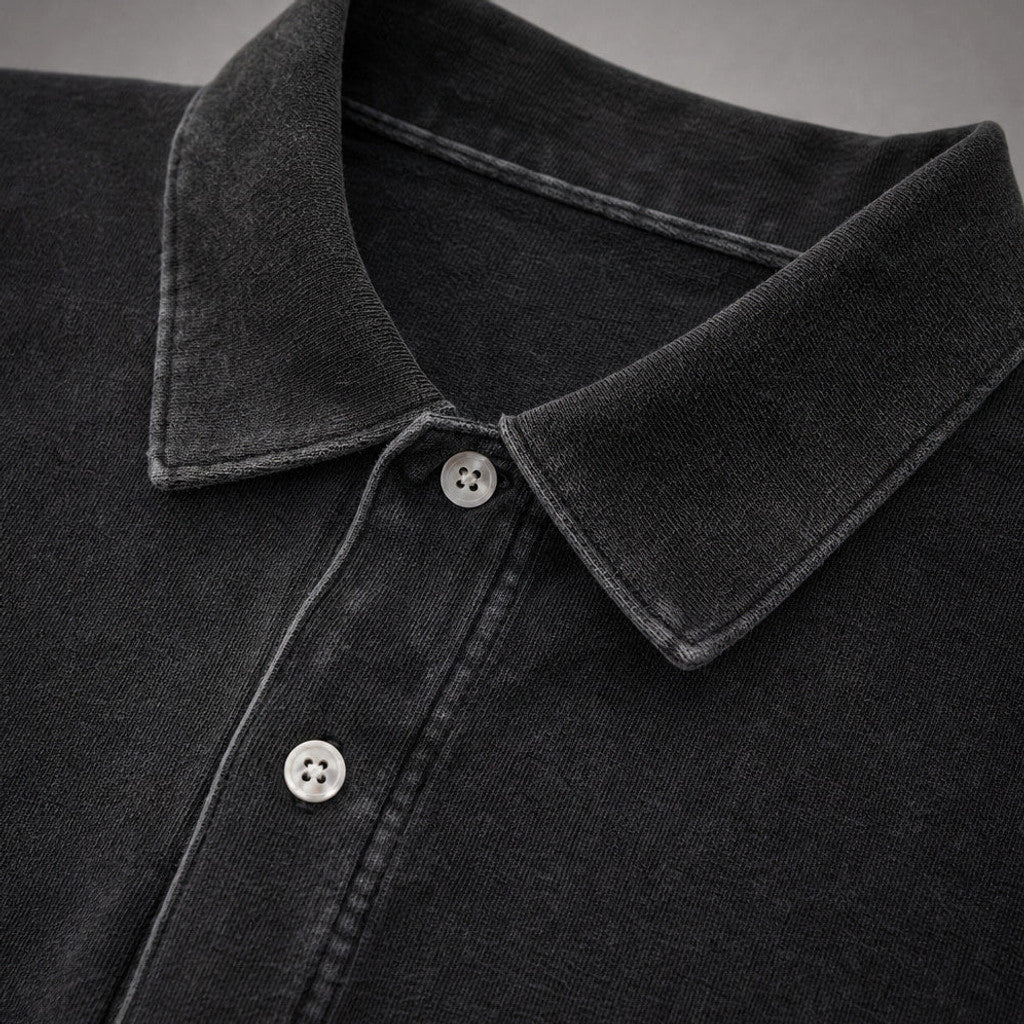 Charner | Polo Shirt Drop Shoulder Relaxed Fit Black – Fabric and Detail Close-Up